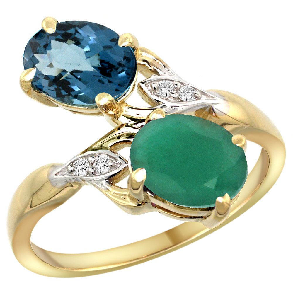 10K YELLOW GOLD DIAMOND NATURAL LONDON BLUE TOPAZ EMERALD 2-STONE MOTHERS RING OVAL 8X6MM SIZE 5-10