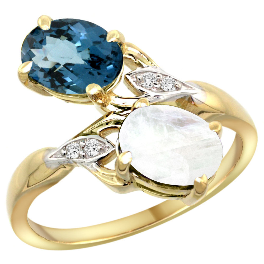 14K YELLOW GOLD DIAMOND NATURAL LONDON BLUE TOPAZ & RAINBOW MOONSTONE 2-STONE RING OVAL 8X6MM, SIZES 5 - 10