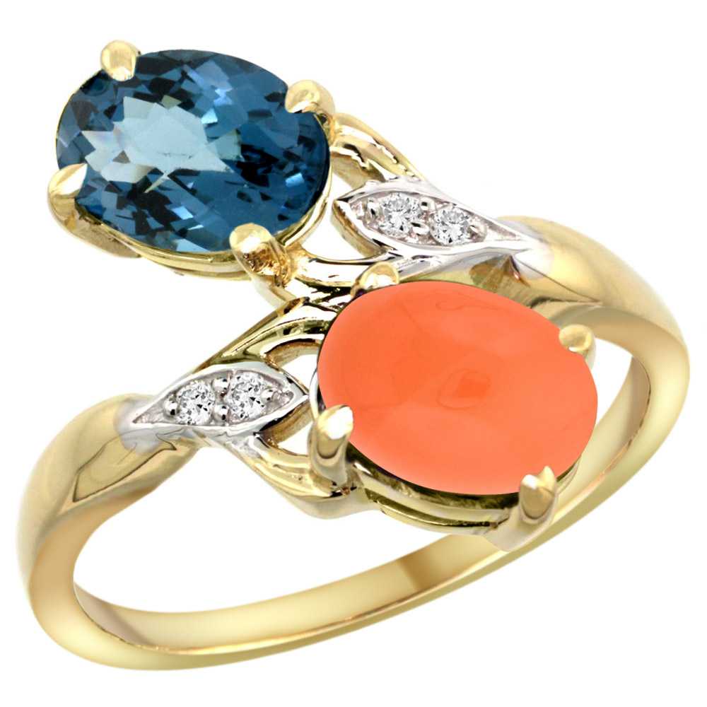 14K YELLOW GOLD DIAMOND NATURAL LONDON BLUE TOPAZ & ORANGE MOONSTONE 2-STONE RING OVAL 8X6MM, SIZES 5 - 10