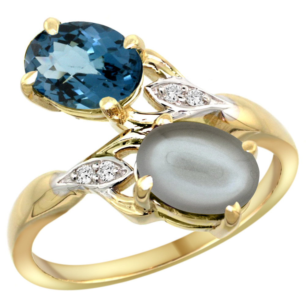 14K YELLOW GOLD DIAMOND NATURAL LONDON BLUE TOPAZ & GRAY MOONSTONE 2-STONE RING OVAL 8X6MM, SIZES 5 - 10