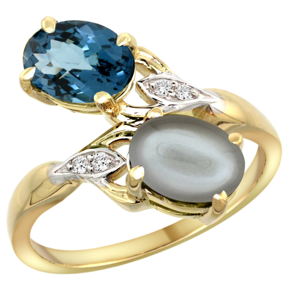 10K Yellow Gold Diamond Natural London Blue Topaz & Gray Moonstone 2-stone Ring Oval 8x6mm, sizes 5 - 10