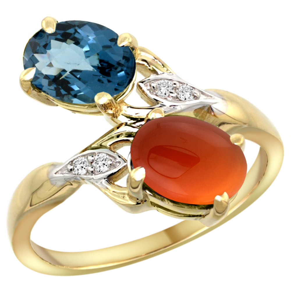 14K YELLOW GOLD DIAMOND NATURAL LONDON BLUE TOPAZ & BROWN AGATE 2-STONE RING OVAL 8X6MM, SIZES 5 - 10