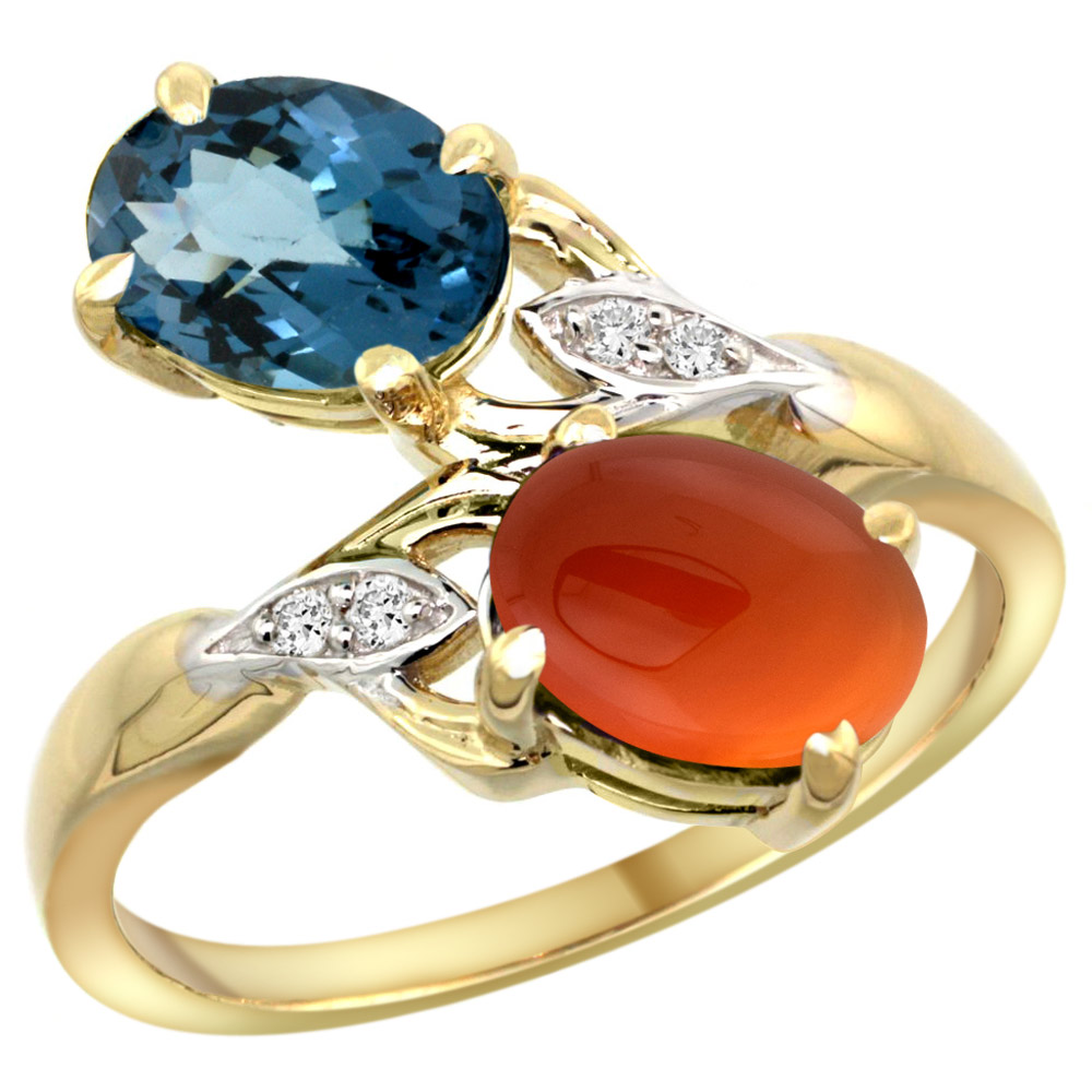 14k Yellow Gold Diamond Natural London Blue Topaz &amp; Brown Agate 2-stone Ring Oval 8x6mm, sizes 5 - 10