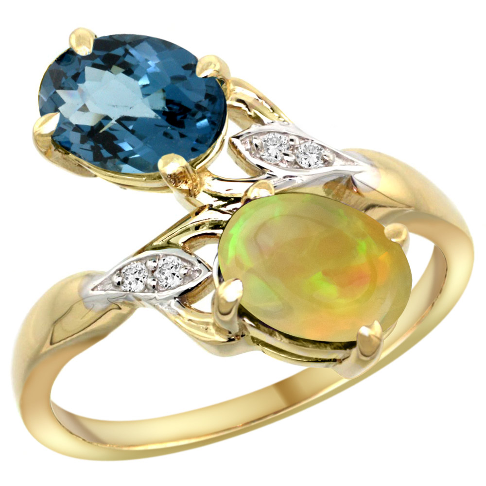 14k Yellow Gold Diamond Natural London Blue Topaz & Ethiopian Opal 2-stone Ring Oval 8x6mm, size 5 - 10