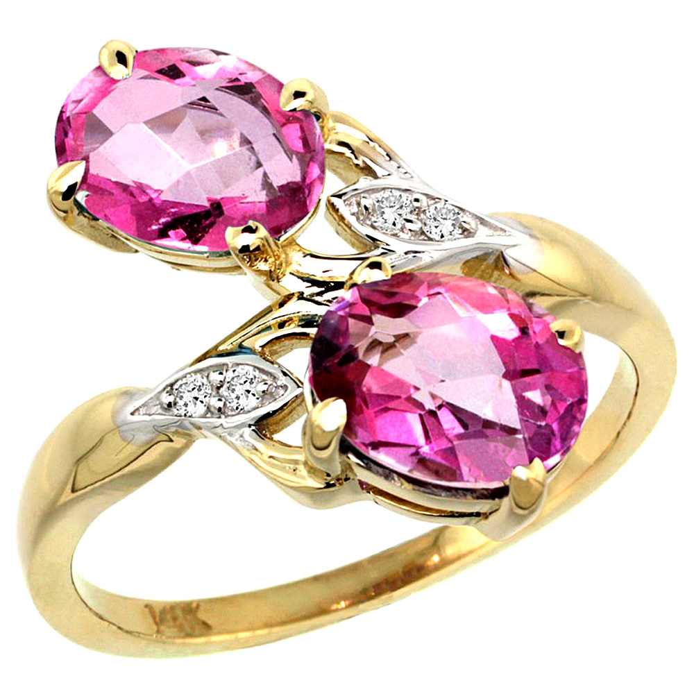 10K Yellow Gold Diamond Natural Pink Topaz 2-stone Ring Oval 8x6mm, sizes 5 - 10