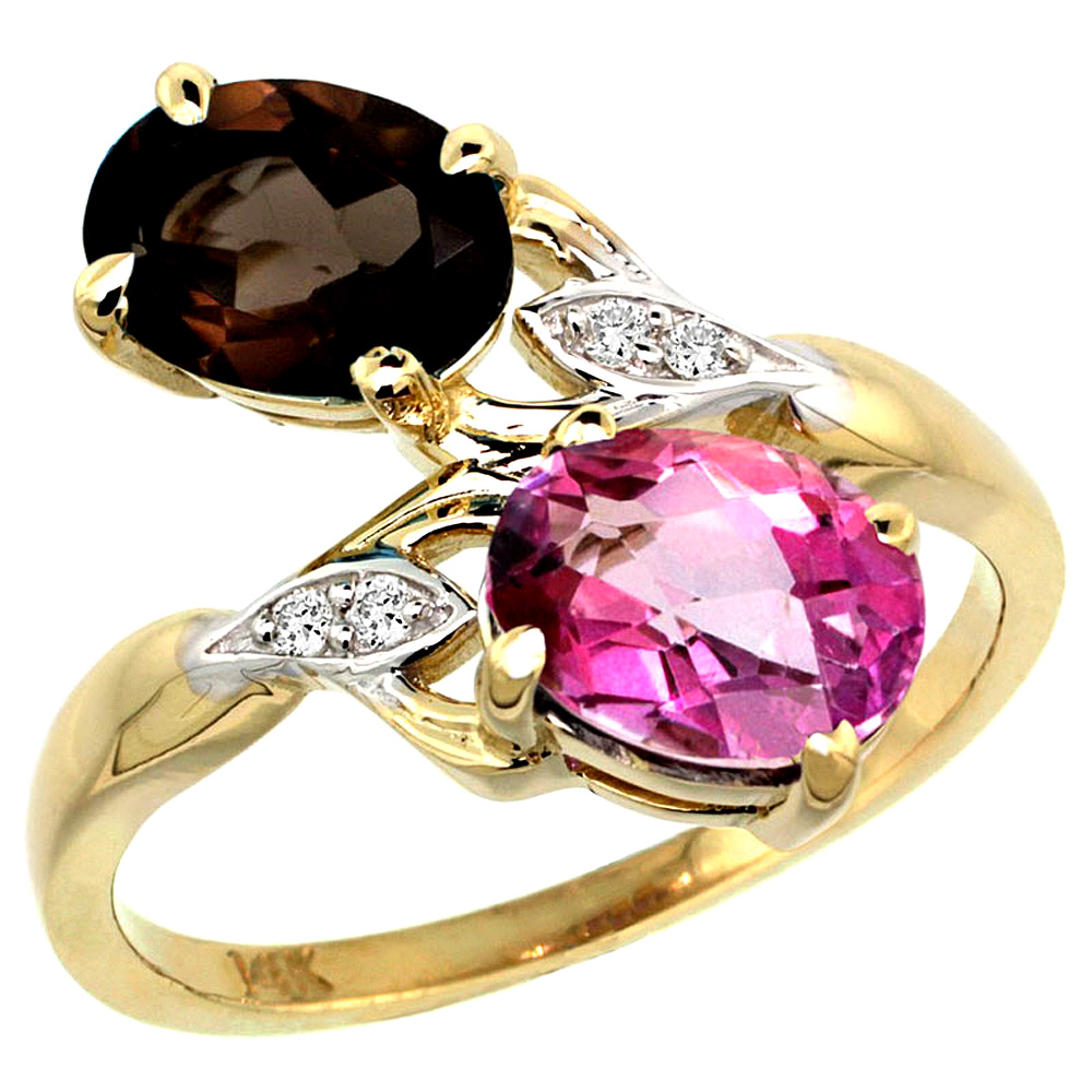 10K Yellow Gold Diamond Natural Pink &amp; Smoky Topaz 2-stone Ring Oval 8x6mm, sizes 5 - 10