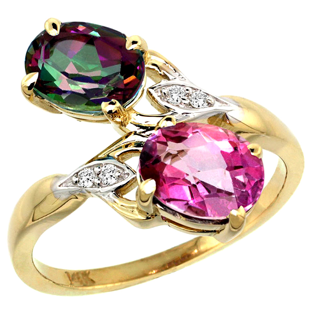 14k Yellow Gold Diamond Natural Pink &amp; Mystic Topaz 2-stone Ring Oval 8x6mm, sizes 5 - 10