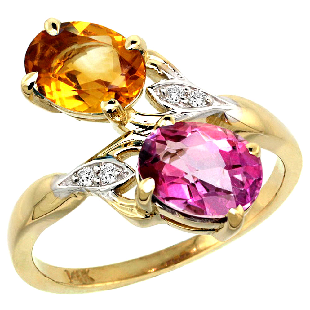 14k Yellow Gold Diamond Natural Pink Topaz &amp; Citrine 2-stone Ring Oval 8x6mm, sizes 5 - 10
