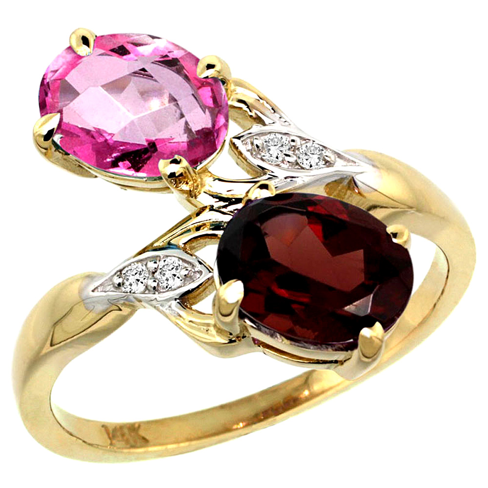14k Yellow Gold Diamond Natural Pink Topaz &amp; Garnet 2-stone Ring Oval 8x6mm, sizes 5 - 10