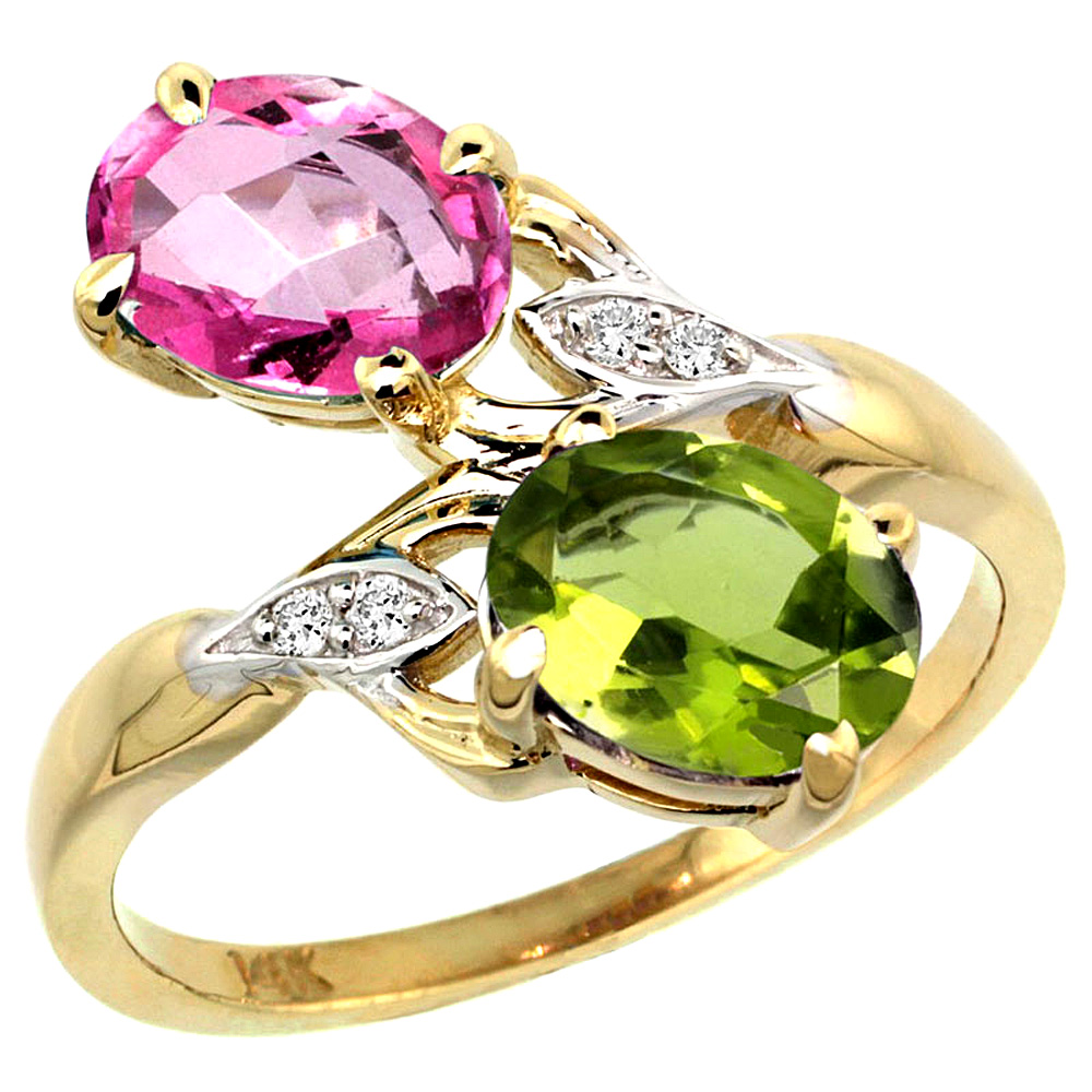 14K YELLOW GOLD DIAMOND NATURAL PINK TOPAZ & PERIDOT 2-STONE RING OVAL 8X6MM, SIZES 5 - 10