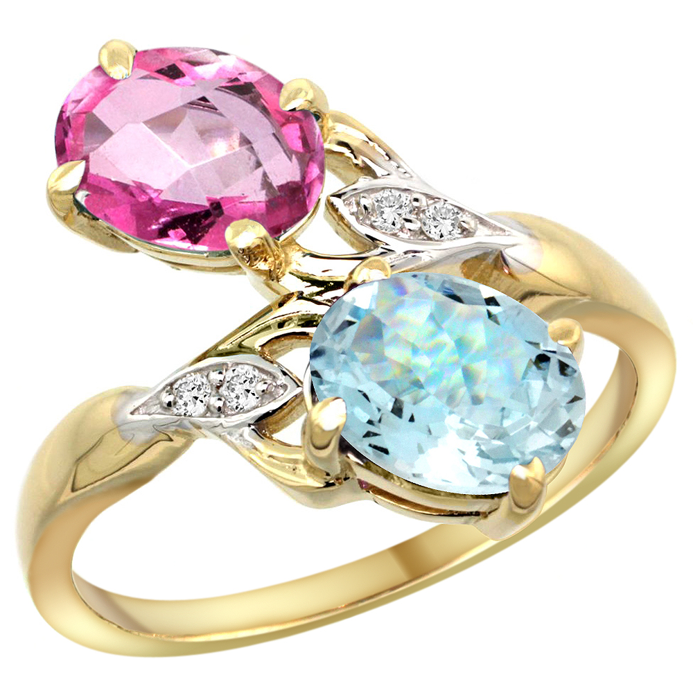 14K YELLOW GOLD DIAMOND NATURAL PINK TOPAZ & AQUAMARINE 2-STONE RING OVAL 8X6MM, SIZES 5 - 10