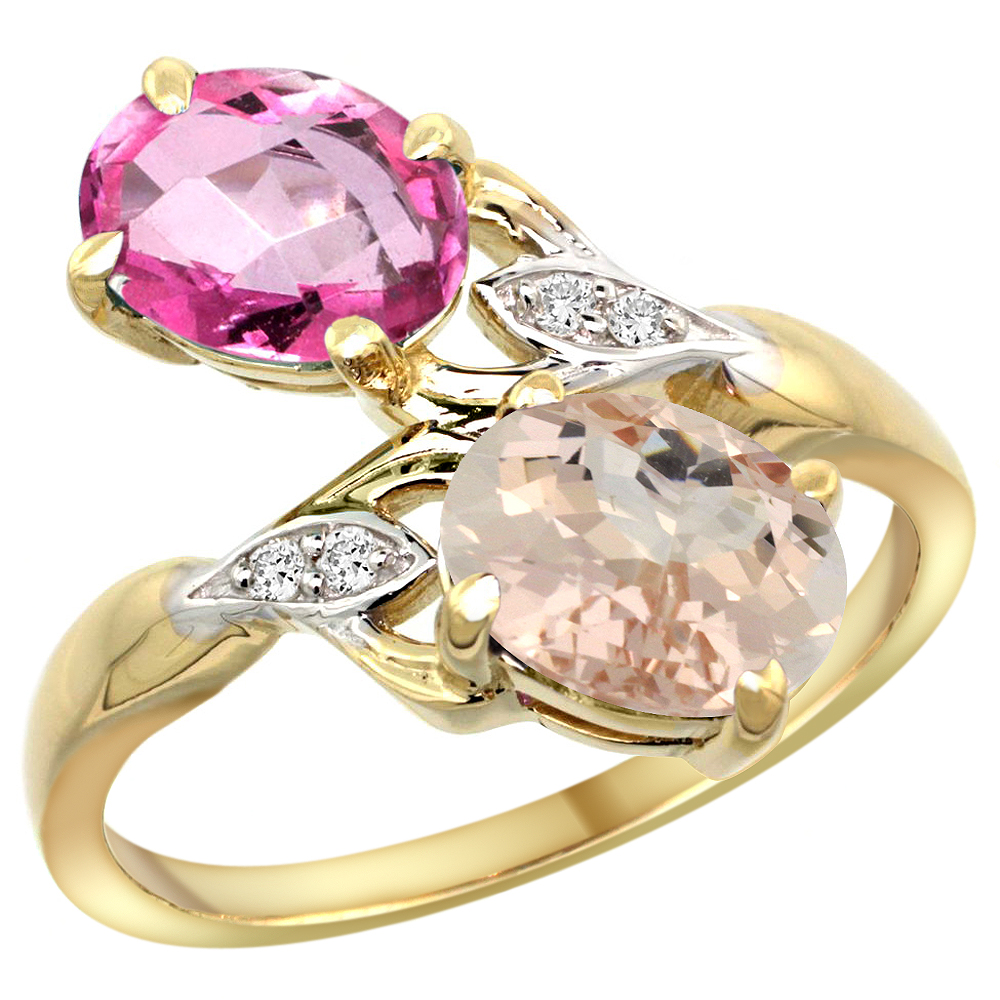 14K YELLOW GOLD DIAMOND NATURAL PINK TOPAZ & MORGANITE 2-STONE RING OVAL 8X6MM, SIZES 5 - 10
