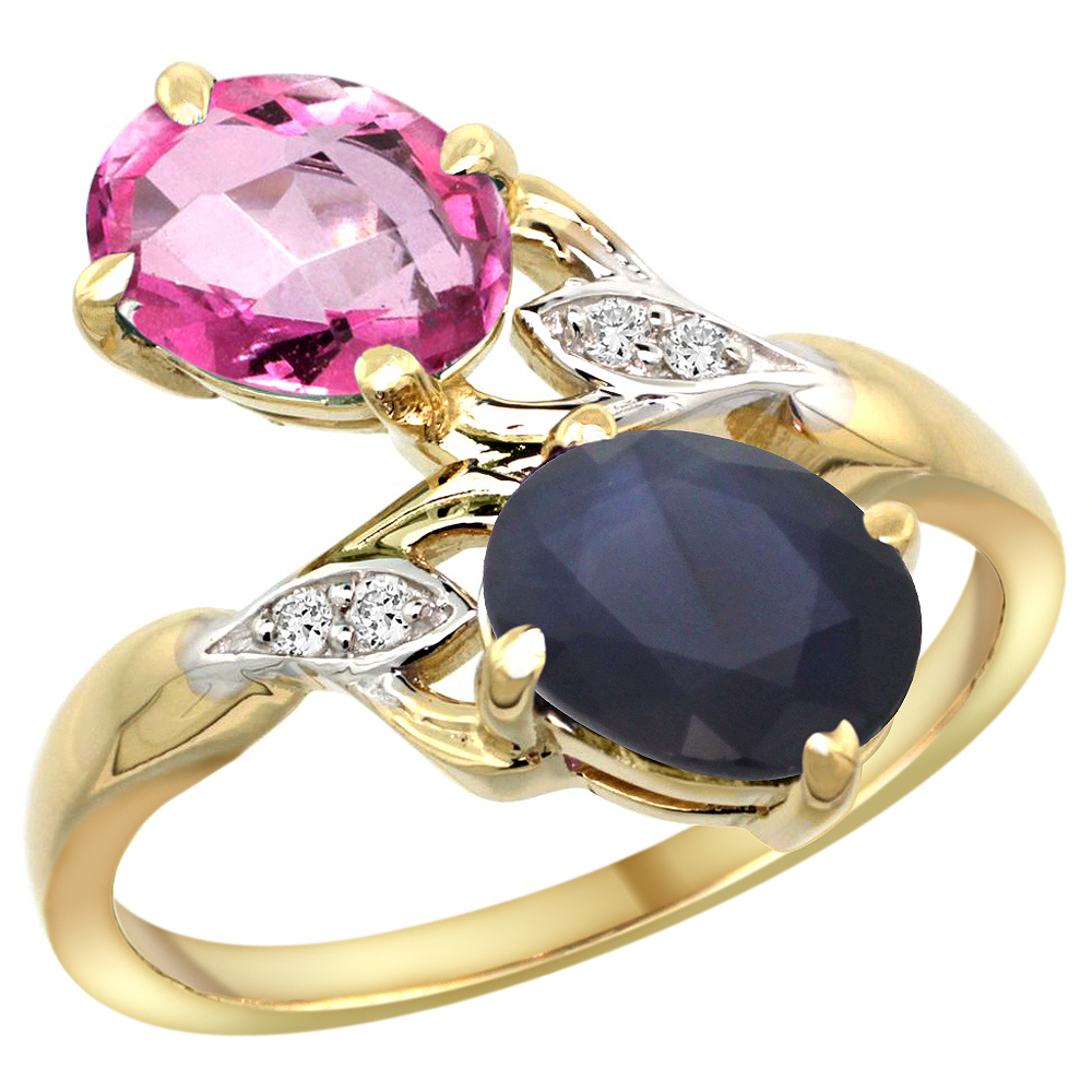 14k Yellow Gold Diamond Natural Pink Topaz &amp; Blue Sapphire 2-stone Ring Oval 8x6mm, sizes 5 - 10