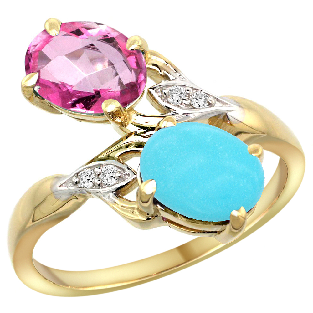 14k Yellow Gold Diamond Natural Pink Topaz &amp; Turquoise 2-stone Ring Oval 8x6mm, sizes 5 - 10