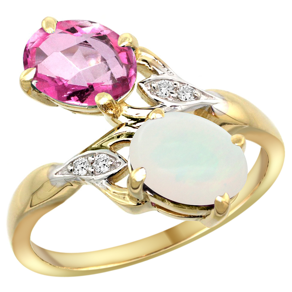 14k Yellow Gold Diamond Natural Pink Topaz & Opal 2-stone Ring Oval 8x6mm, sizes 5 - 10