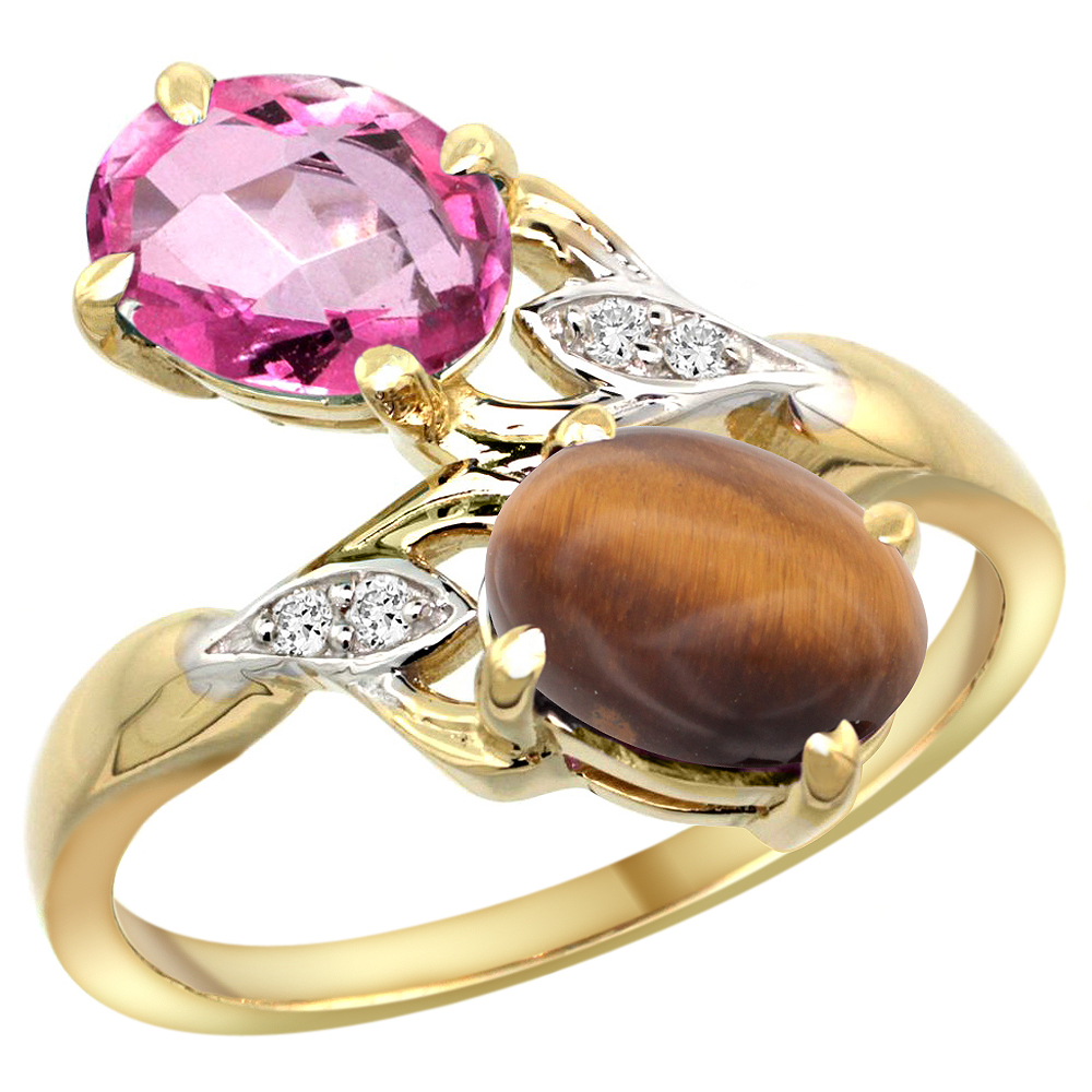 14K YELLOW GOLD DIAMOND NATURAL PINK TOPAZ & TIGER EYE 2-STONE RING OVAL 8X6MM, SIZES 5 - 10
