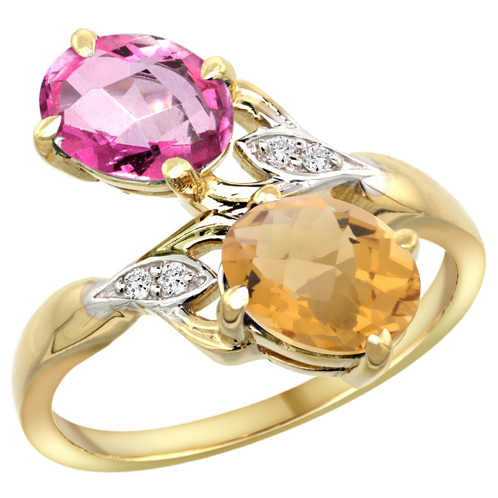 14K YELLOW GOLD DIAMOND NATURAL PINK TOPAZ & WHISKY QUARTZ 2-STONE RING OVAL 8X6MM, SIZES 5 - 10