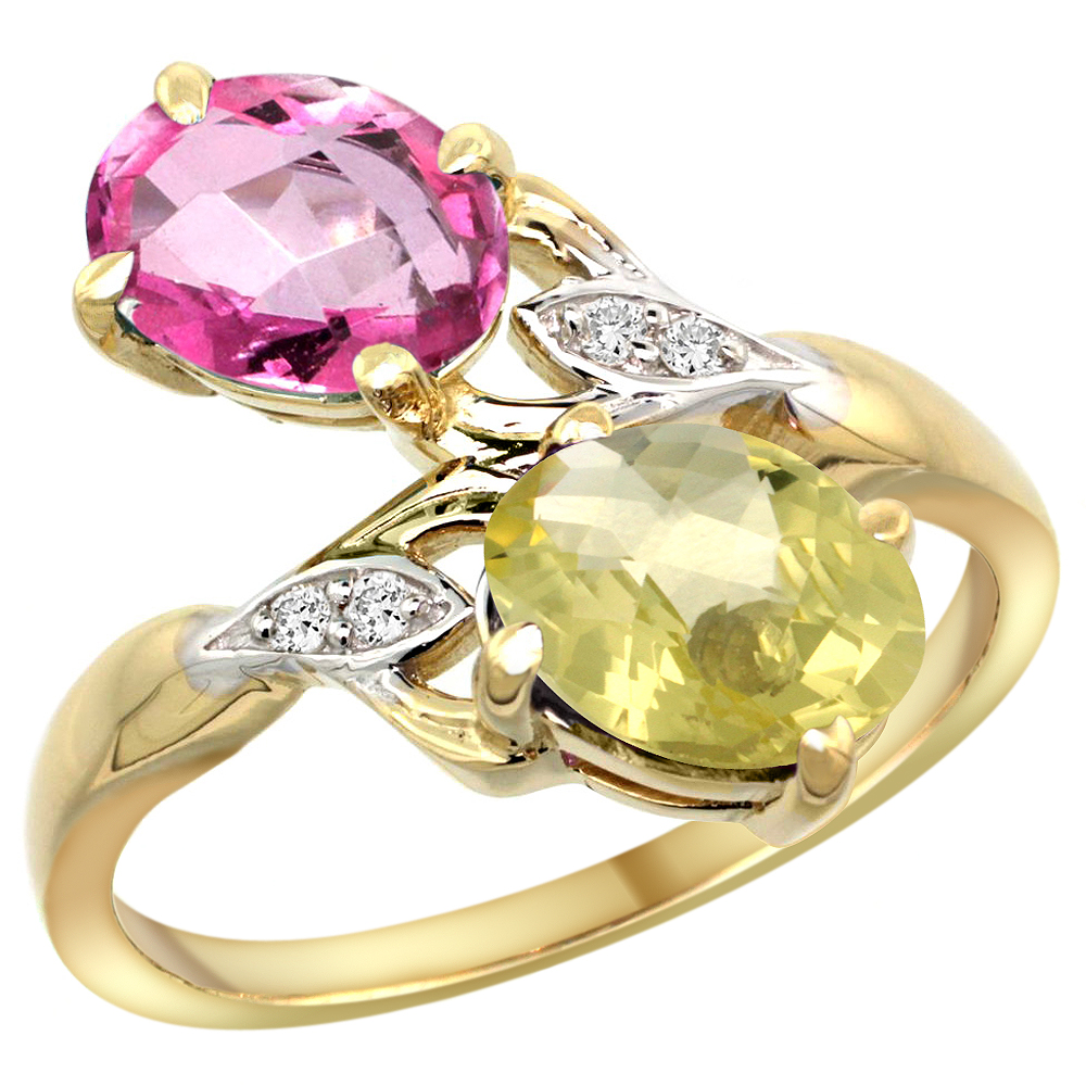 14K YELLOW GOLD DIAMOND NATURAL PINK TOPAZ & LEMON QUARTZ 2-STONE RING OVAL 8X6MM, SIZES 5 - 10