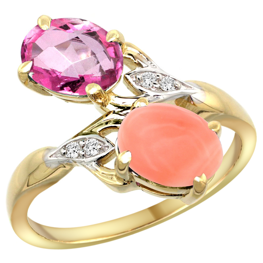 14K YELLOW GOLD DIAMOND NATURAL PINK TOPAZ & CORAL 2-STONE RING OVAL 8X6MM, SIZES 5 - 10