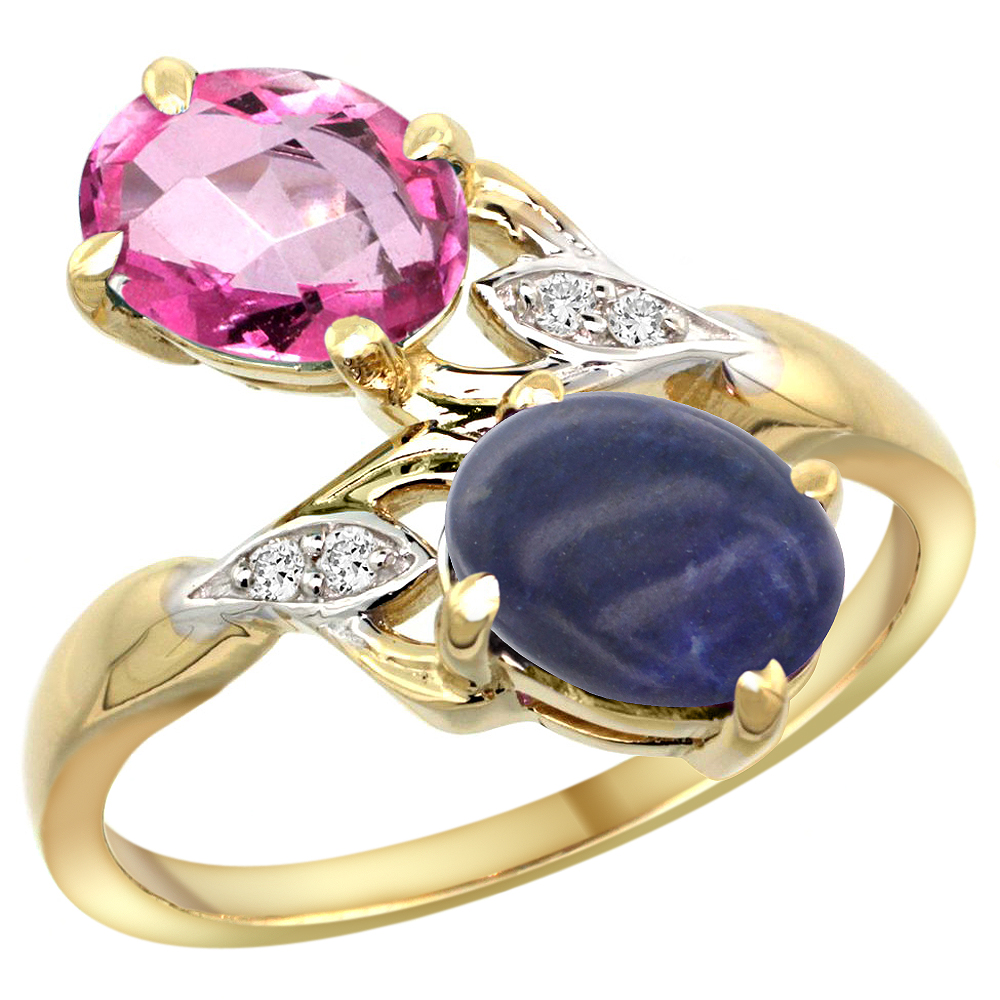 14K YELLOW GOLD DIAMOND NATURAL PINK TOPAZ & LAPIS 2-STONE RING OVAL 8X6MM, SIZES 5 - 10