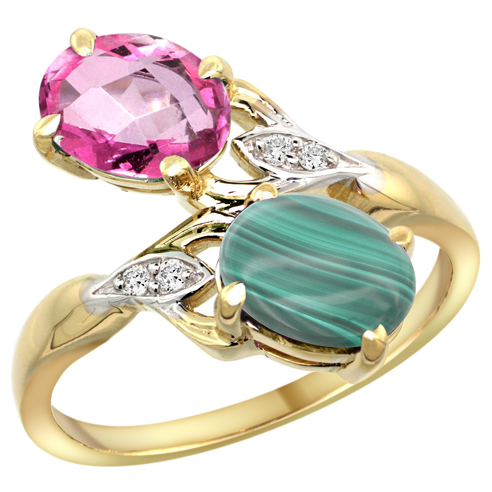 10K YELLOW GOLD DIAMOND NATURAL PINK TOPAZ & MALACHITE 2-STONE RING OVAL 8X6MM, SIZES 5 - 10
