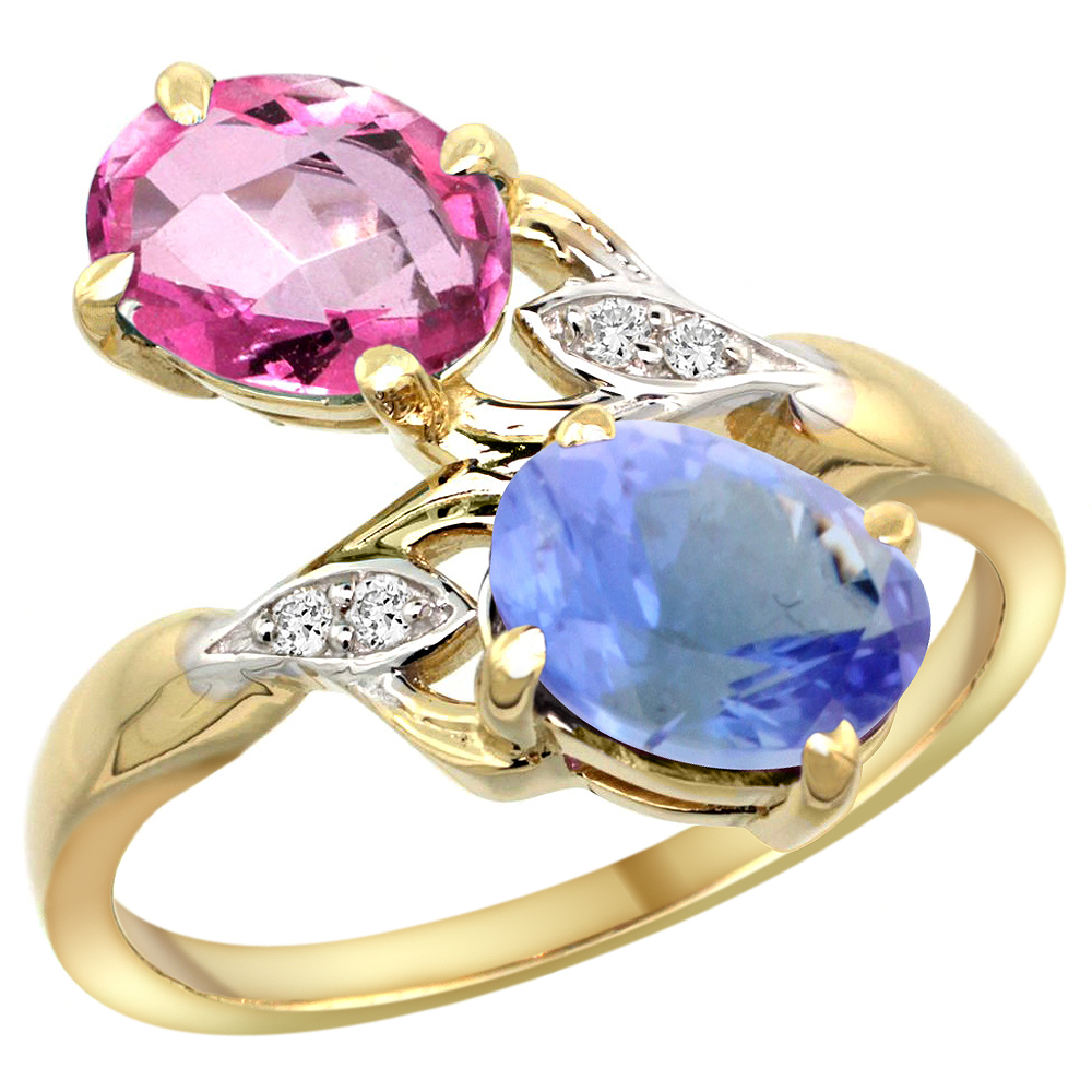 10K YELLOW GOLD DIAMOND NATURAL PINK TOPAZ & TANZANITE 2-STONE RING OVAL 8X6MM, SIZES 5 - 10