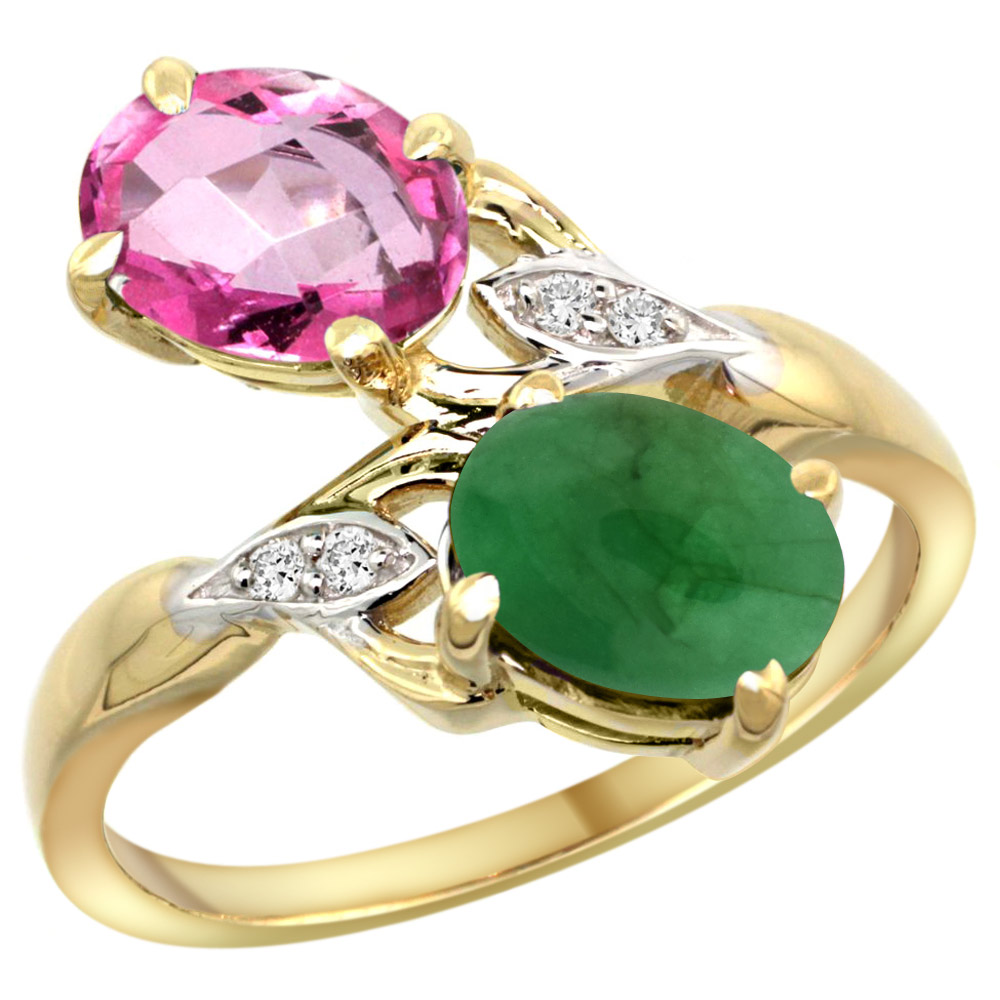 10K YELLOW GOLD DIAMOND NATURAL PINK TOPAZ & CABOCHON EMERALD 2-STONE RING OVAL 8X6MM, SIZES 5 - 10