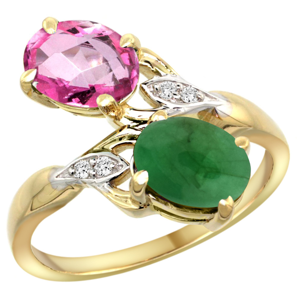 10K Yellow Gold Diamond Natural Pink Topaz &amp; Cabochon Emerald 2-stone Ring Oval 8x6mm, sizes 5 - 10