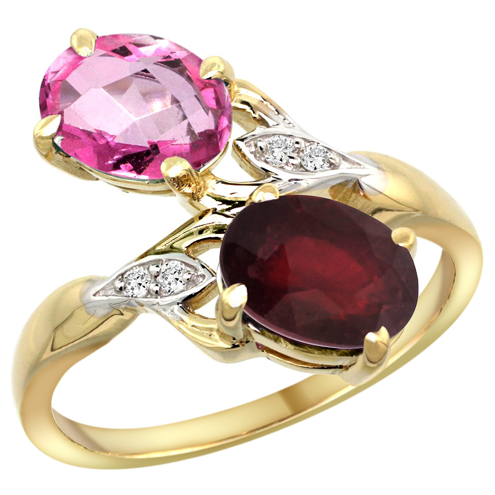 10K Yellow Gold Diamond Natural Pink Topaz & Quality Ruby 2-stone Mothers Ring Oval 8x6mm, size 5 - 10
