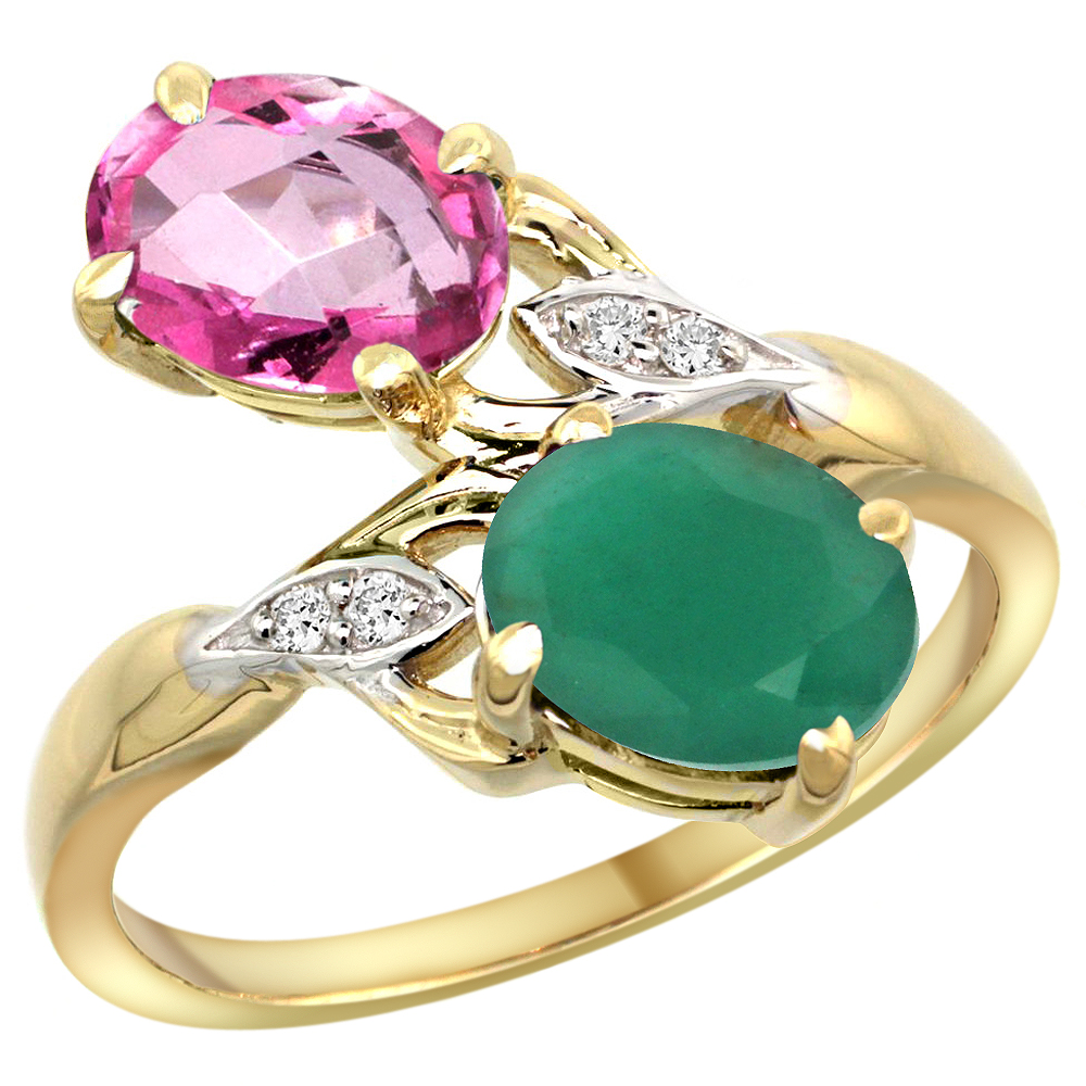 14k Yellow Gold Diamond Natural Pink Topaz & Quality Emerald 2-stone Mothers Ring Oval 8x6mm, size 5 - 10