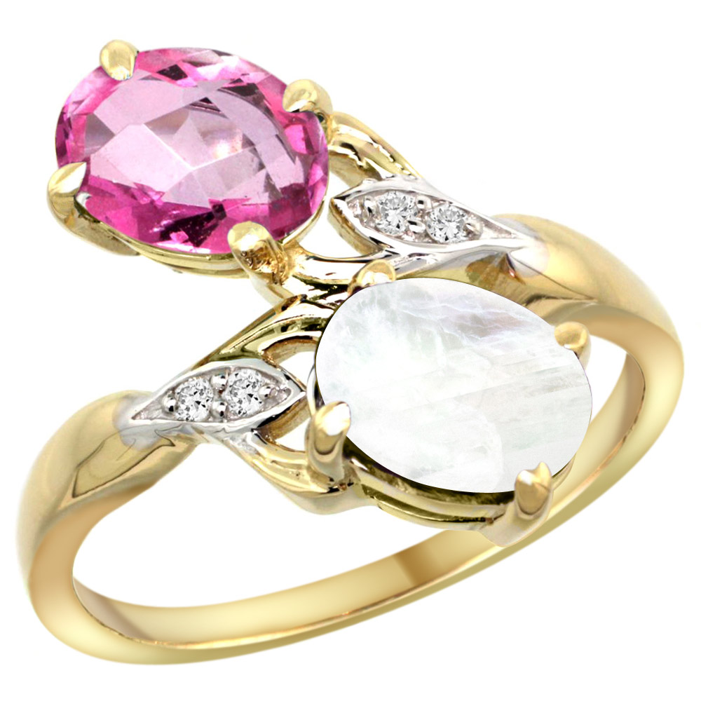 10K YELLOW GOLD DIAMOND NATURAL PINK TOPAZ & RAINBOW MOONSTONE 2-STONE RING OVAL 8X6MM, SIZES 5 - 10