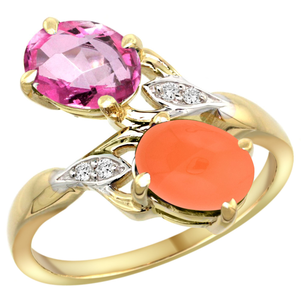 10K YELLOW GOLD DIAMOND NATURAL PINK TOPAZ & ORANGE MOONSTONE 2-STONE RING OVAL 8X6MM, SIZES 5 - 10