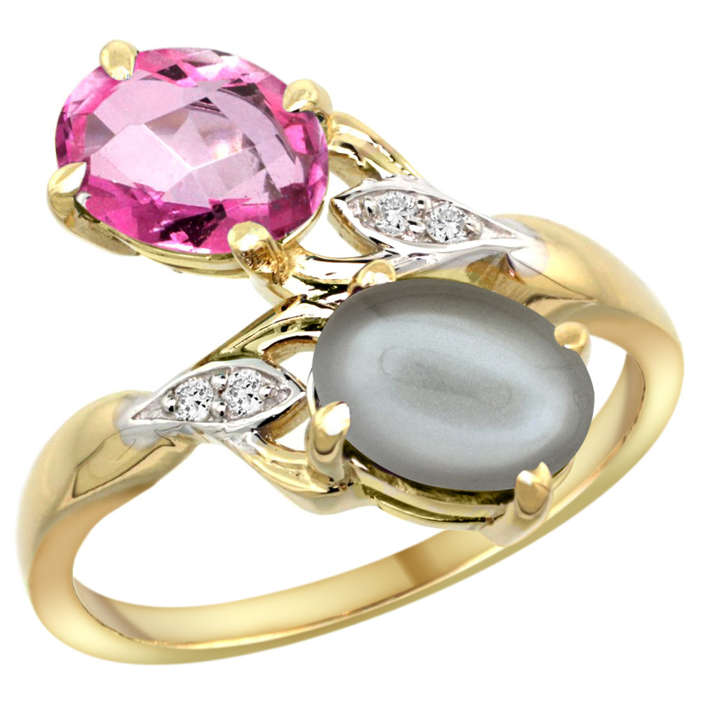 14k Yellow Gold Diamond Natural Pink Topaz &amp; Gray Moonstone 2-stone Ring Oval 8x6mm, sizes 5 - 10