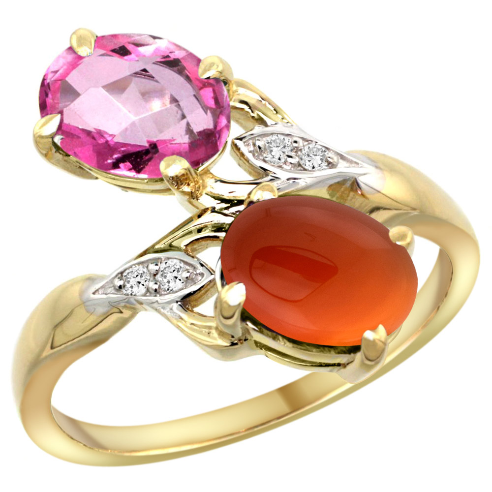 14k Yellow Gold Diamond Natural Pink Topaz &amp; Brown Agate 2-stone Ring Oval 8x6mm, sizes 5 - 10