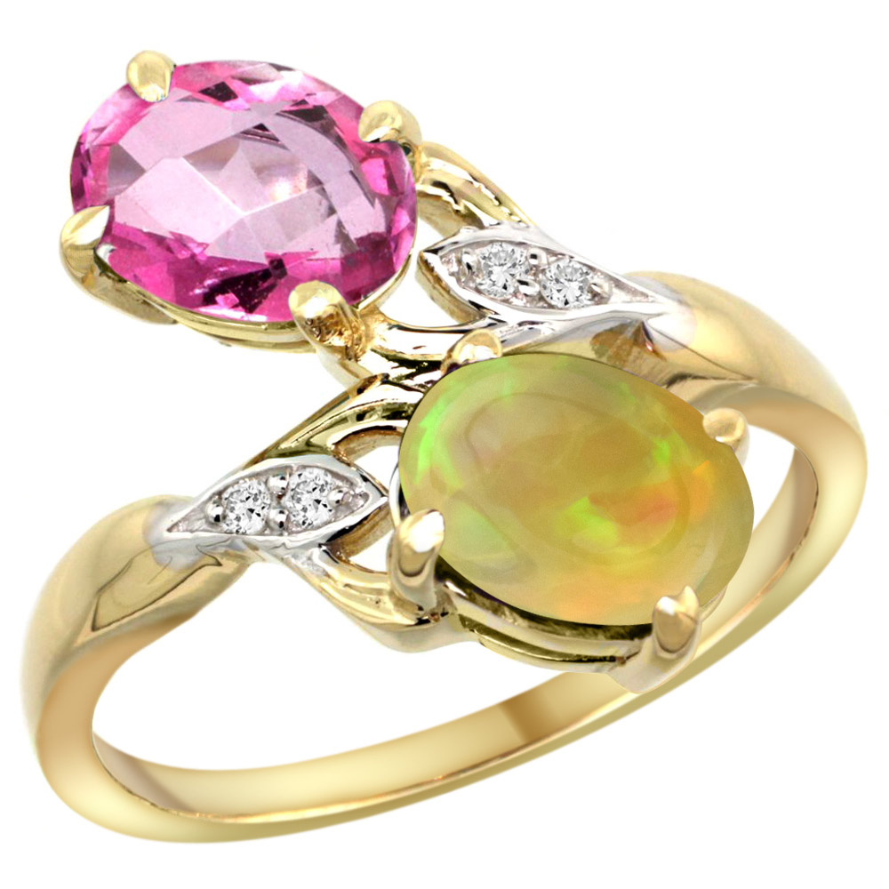 14k Yellow Gold Diamond Natural Pink Topaz &amp; Ethiopian Opal 2-stone Mothers Ring Oval 8x6mm, size 5 - 10