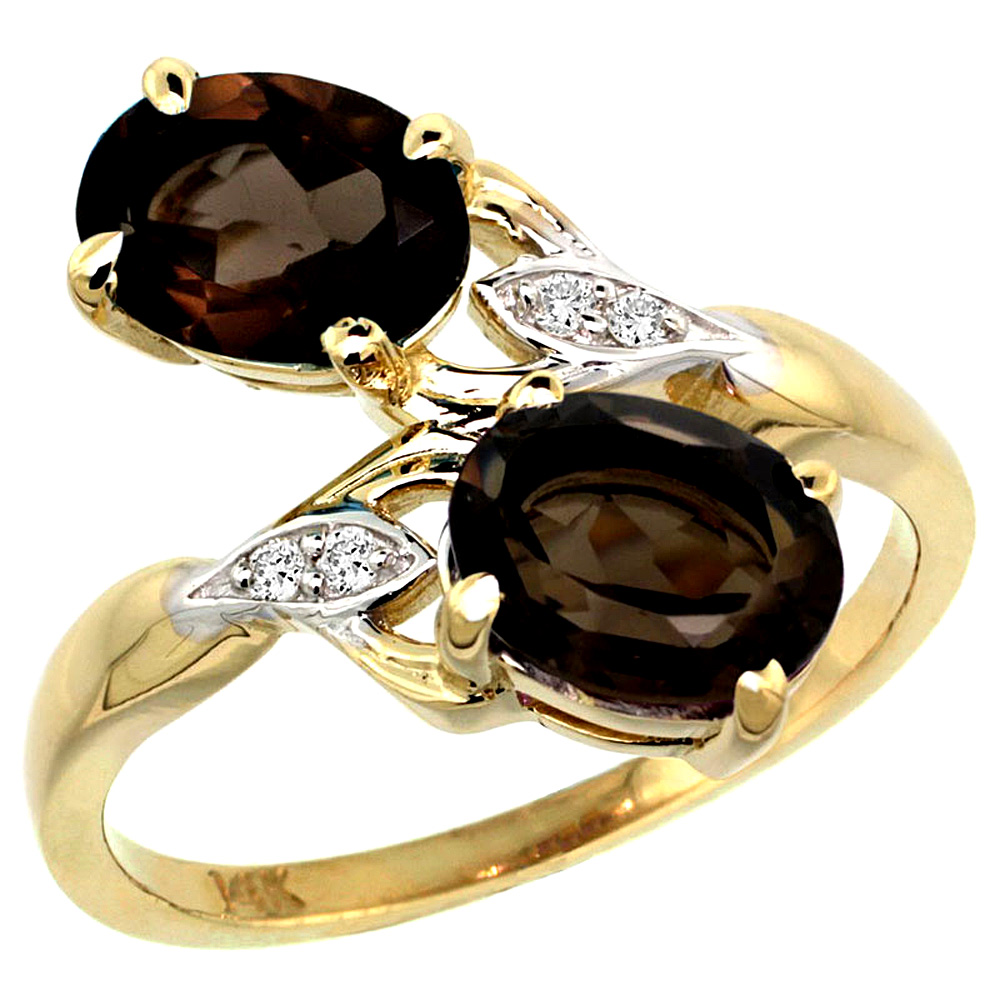 14K YELLOW GOLD DIAMOND NATURAL SMOKY TOPAZ 2-STONE RING OVAL 8X6MM, SIZES 5 - 10
