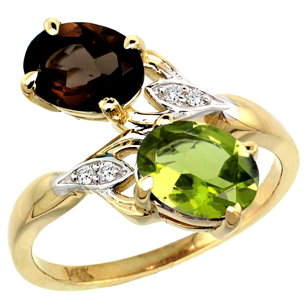 14K YELLOW GOLD DIAMOND NATURAL SMOKY TOPAZ & PERIDOT 2-STONE RING OVAL 8X6MM, SIZES 5 - 10