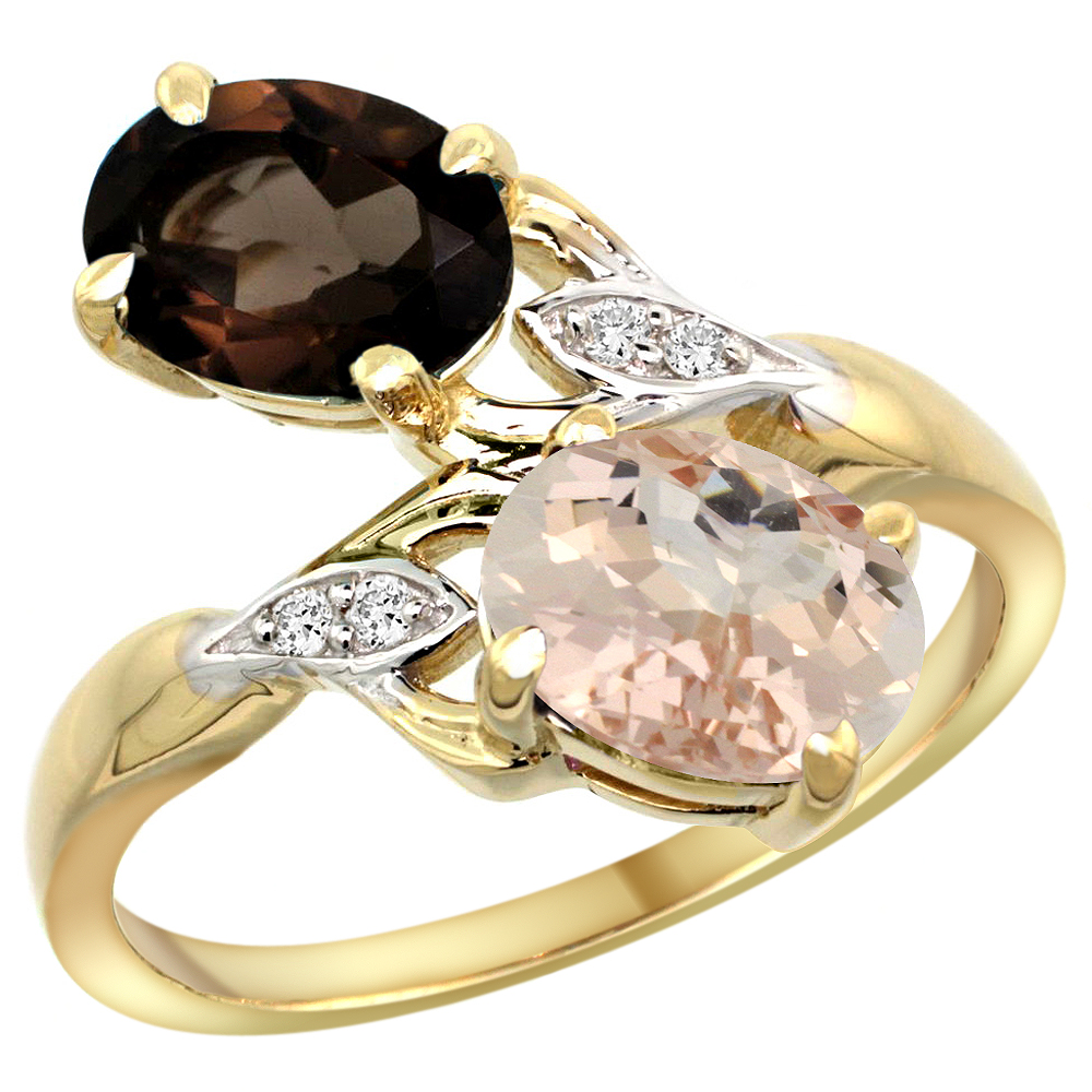 10K YELLOW GOLD DIAMOND NATURAL SMOKY TOPAZ & MORGANITE 2-STONE RING OVAL 8X6MM, SIZES 5 - 10