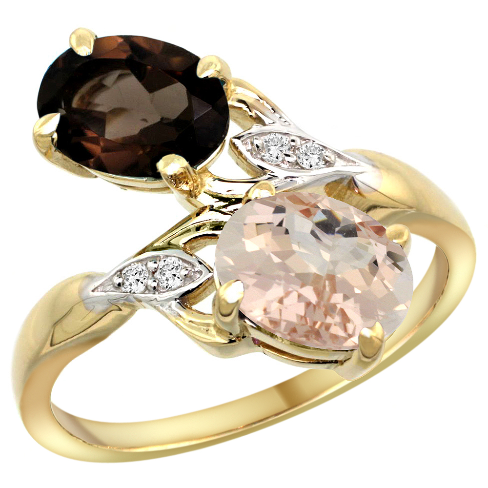 14k Yellow Gold Diamond Natural Smoky Topaz & Morganite 2-stone Ring Oval 8x6mm, sizes 5 - 10
