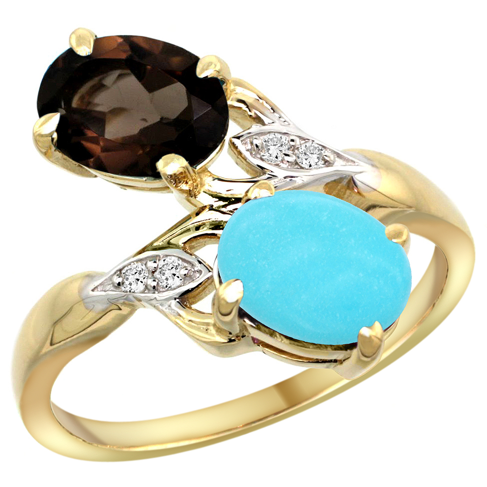 14k Yellow Gold Diamond Natural Smoky Topaz &amp; Turquoise 2-stone Ring Oval 8x6mm, sizes 5 - 10
