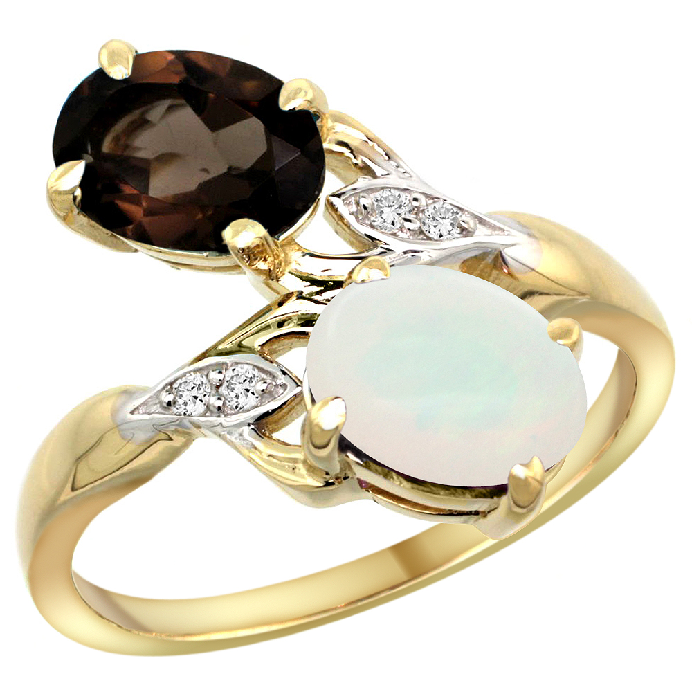 14k Yellow Gold Diamond Natural Smoky Topaz & Opal 2-stone Ring Oval 8x6mm, sizes 5 - 10