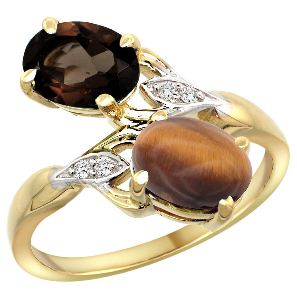 10K YELLOW GOLD DIAMOND NATURAL SMOKY TOPAZ & TIGER EYE 2-STONE RING OVAL 8X6MM, SIZES 5 - 10