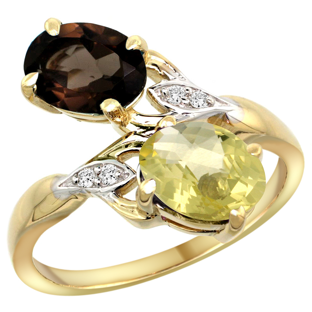 14k Yellow Gold Diamond Natural Smoky Topaz &amp; Lemon Quartz 2-stone Ring Oval 8x6mm, sizes 5 - 10