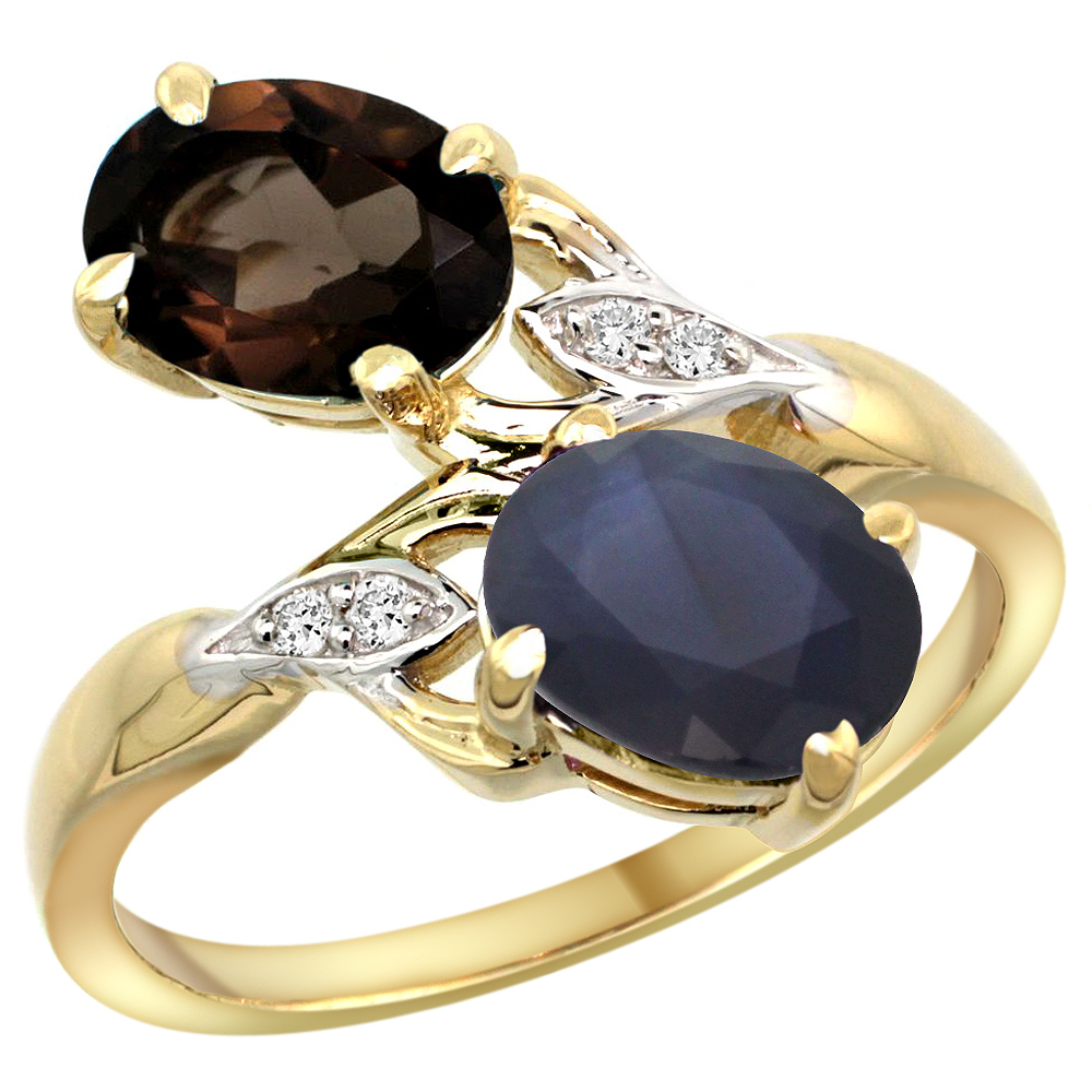 10K YELLOW GOLD DIAMOND NATURAL SMOKY TOPAZ & AUSTRALIAN SAPPHIRE 2-STONE RING OVAL 8X6MM, SIZES 5 - 10