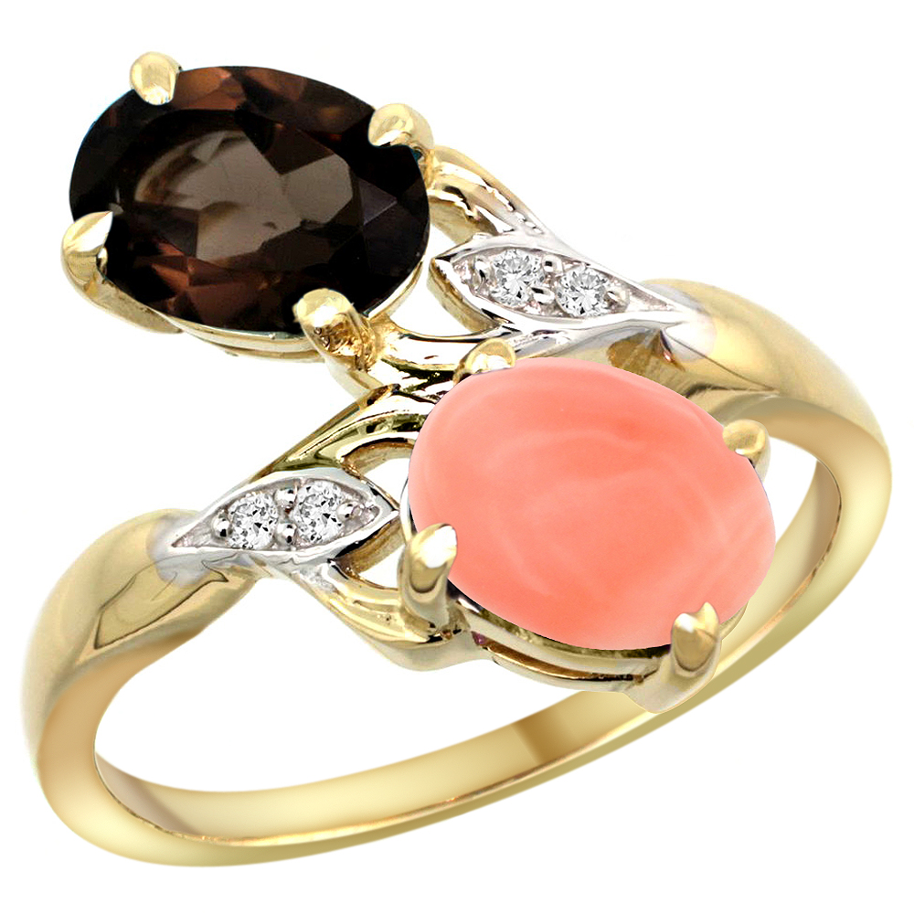 14k Yellow Gold Diamond Natural Smoky Topaz &amp; Coral 2-stone Ring Oval 8x6mm, sizes 5 - 10