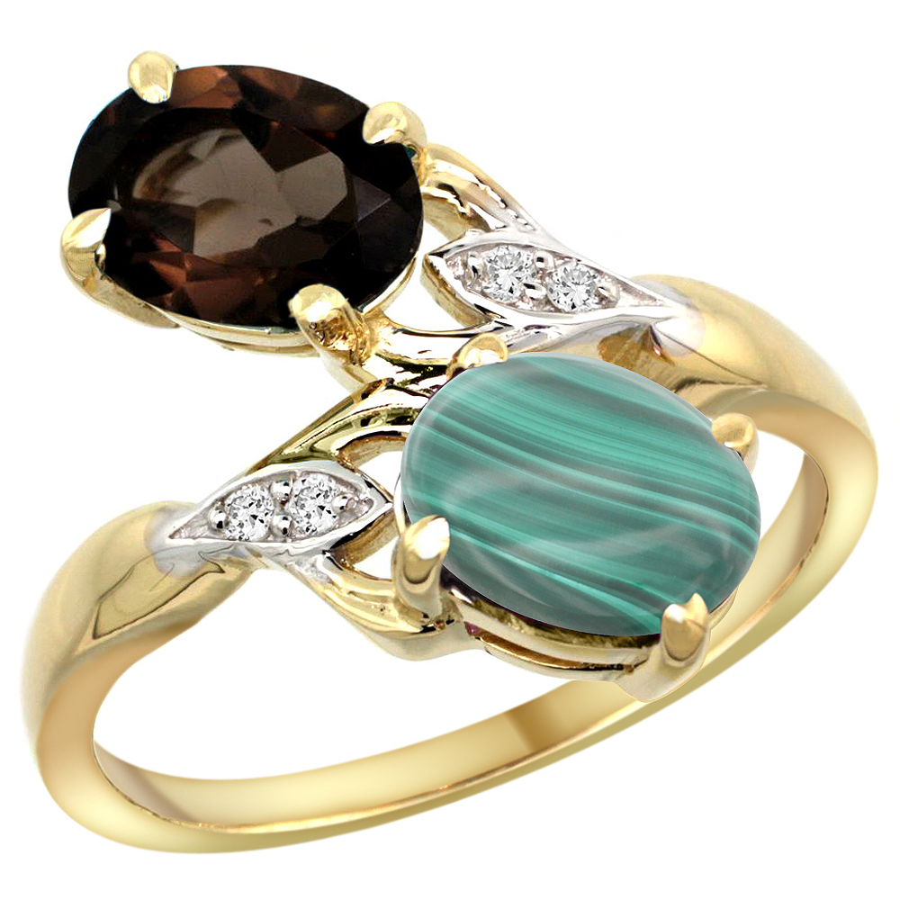 10K YELLOW GOLD DIAMOND NATURAL SMOKY TOPAZ & MALACHITE 2-STONE RING OVAL 8X6MM, SIZES 5 - 10