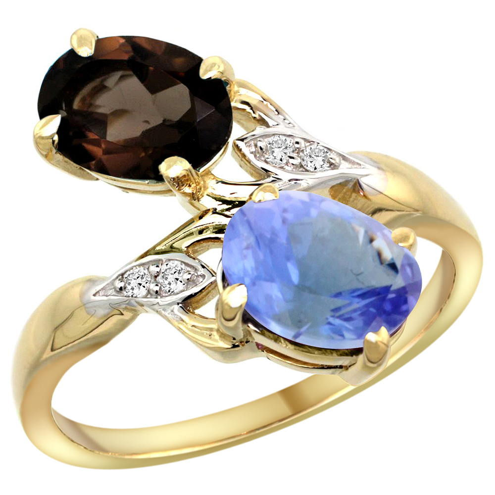 10K YELLOW GOLD DIAMOND NATURAL SMOKY TOPAZ & TANZANITE 2-STONE RING OVAL 8X6MM, SIZES 5 - 10