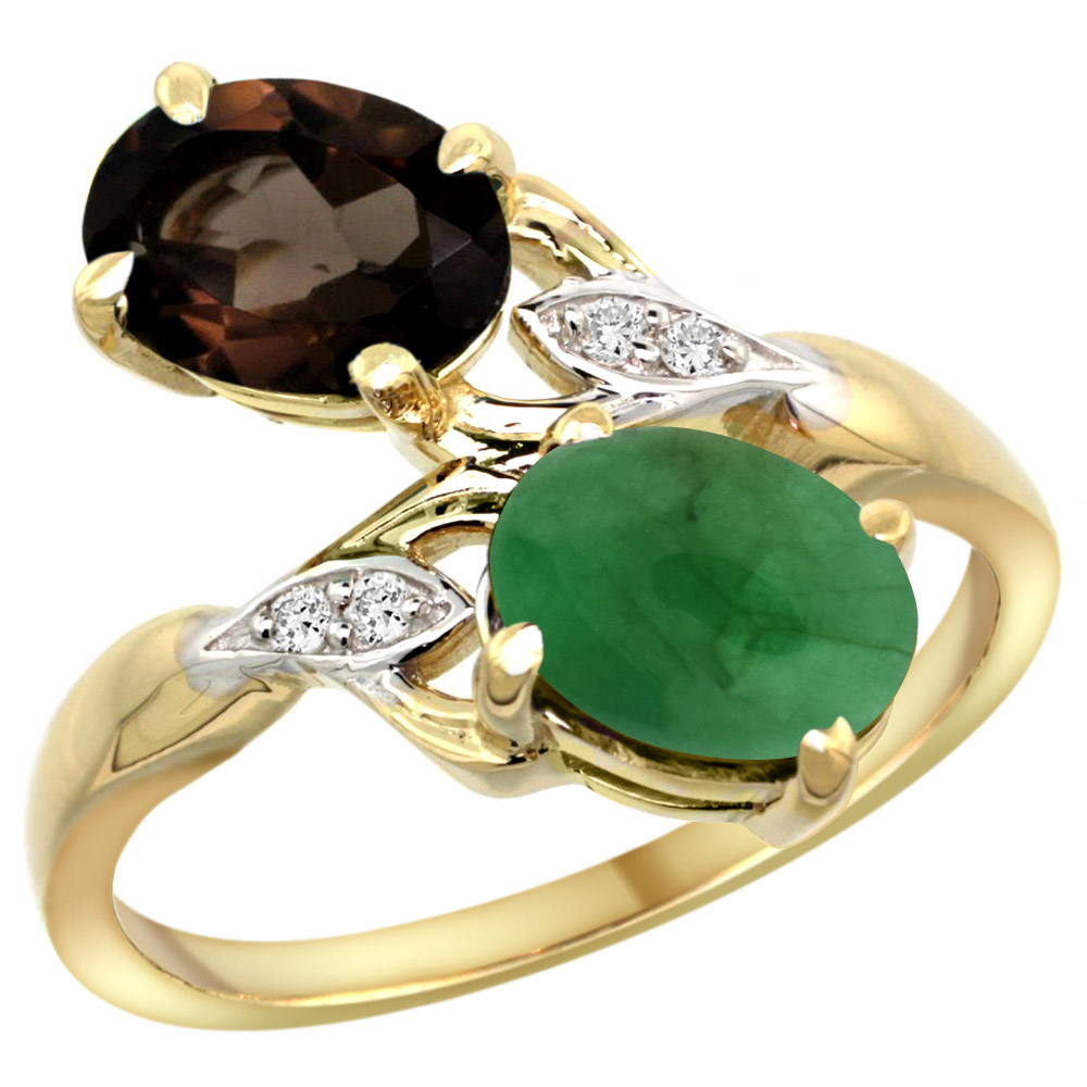 10K YELLOW GOLD DIAMOND NATURAL SMOKY TOPAZ & CABOCHON EMERALD 2-STONE RING OVAL 8X6MM, SIZES 5 - 10
