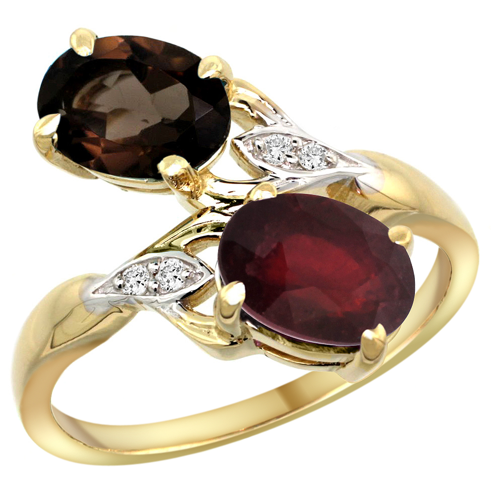 10K Yellow Gold Diamond Natural Smoky Topaz & Quality Ruby 2-stone Mothers Ring Oval 8x6mm, size 5 - 10