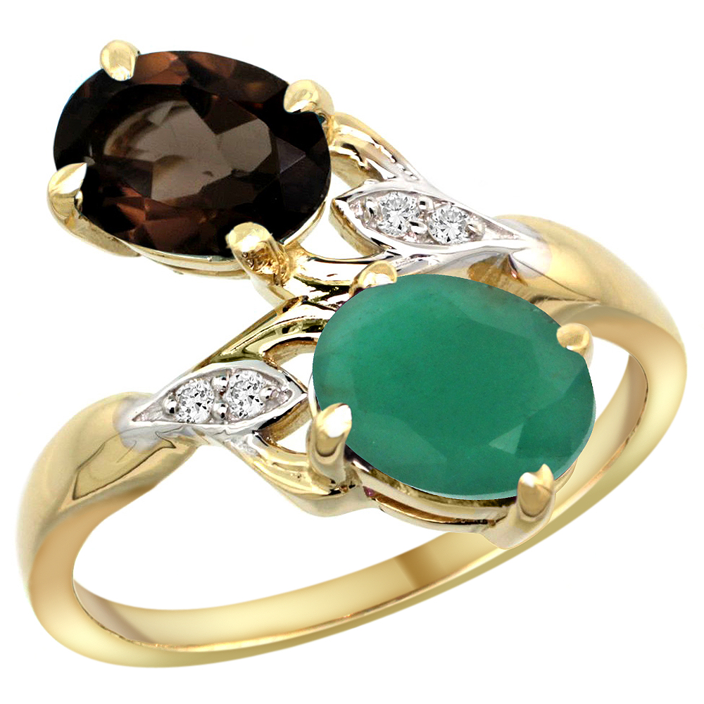 10K Yellow Gold Diamond Natural Smoky Topaz &amp; Quality Emerald 2-stone Mothers Ring Oval 8x6mm, size 5-10